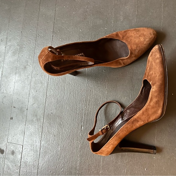 Ralph Lauren Purple Label Brown Suede Heel Strap Heels, size 9 - Picture 2 of 6